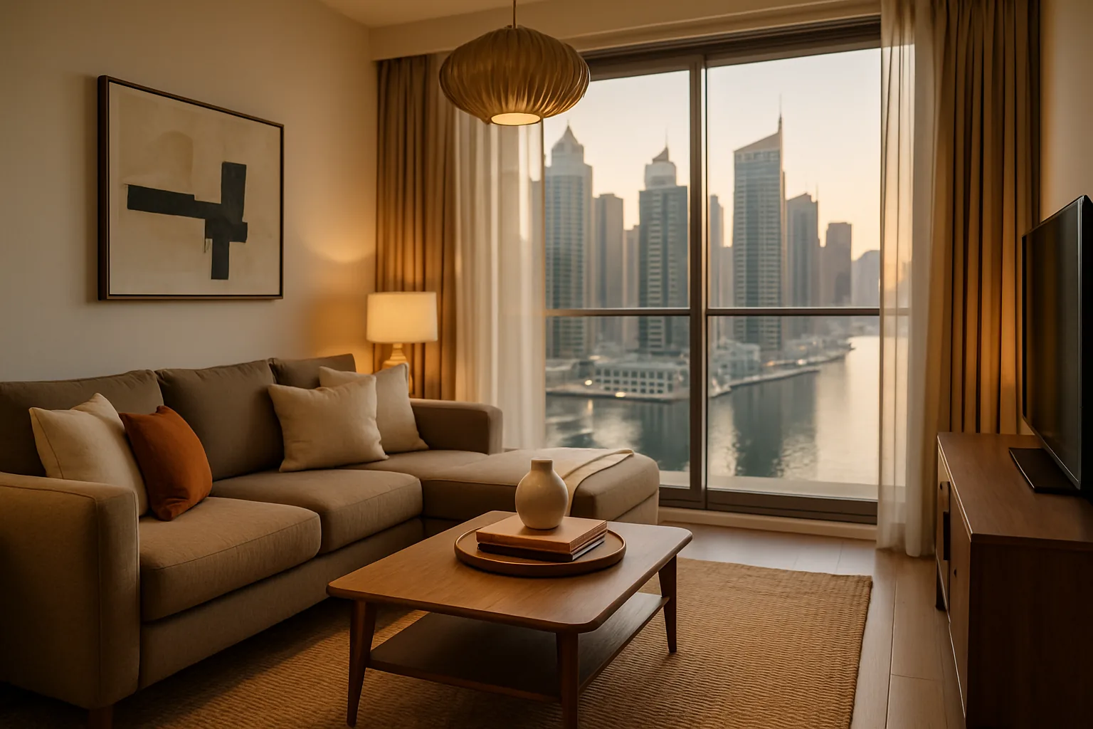 High-end mid-spec Dubai holiday home furniture package — performance fabric L-sofa, walnut coffee table, sculptural pendant, layered styling, Marina view