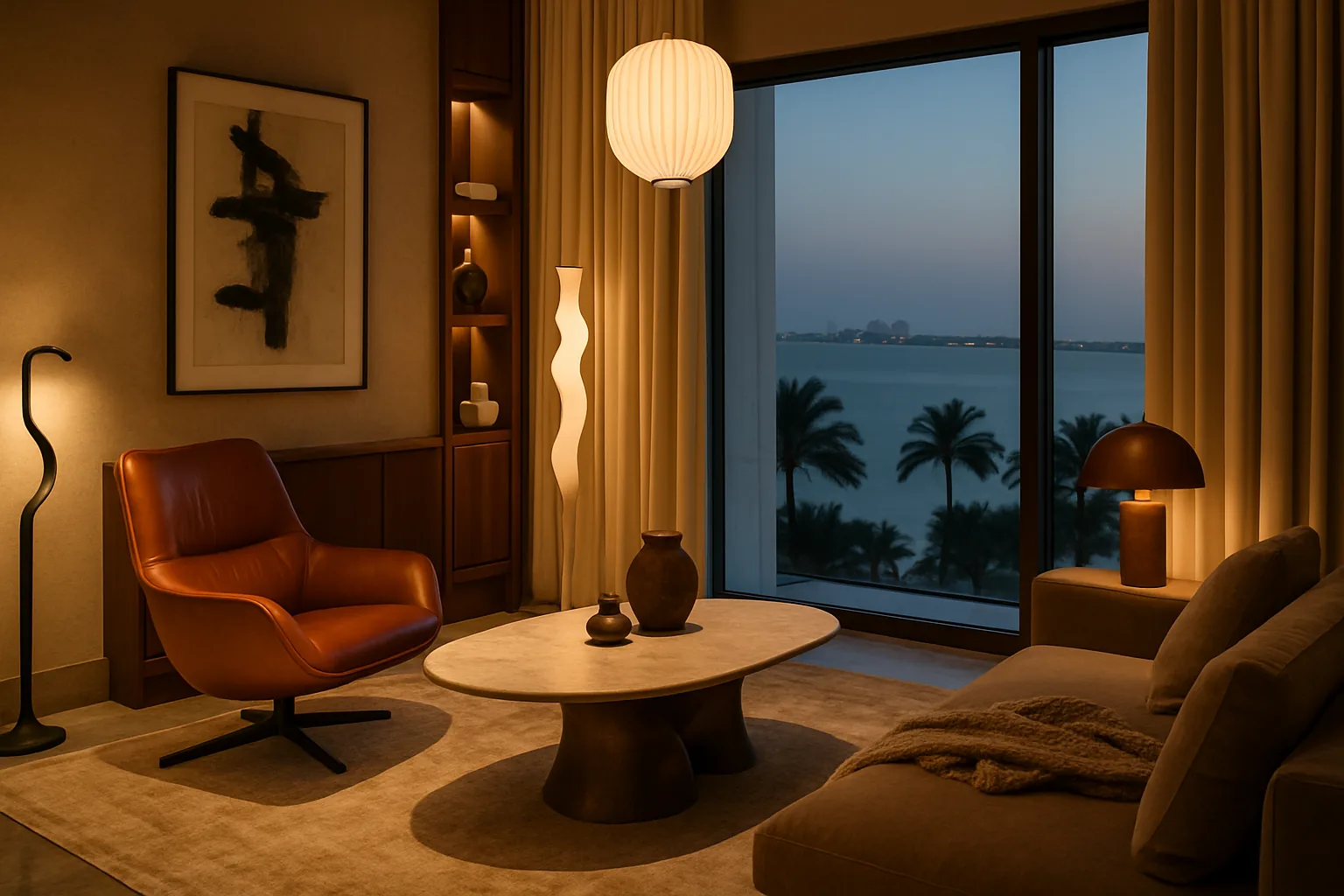 Premium boutique Dubai holiday home furniture — bespoke aniline leather chair, marble coffee table, brass joinery, velvet curtains, Palm Jumeirah view