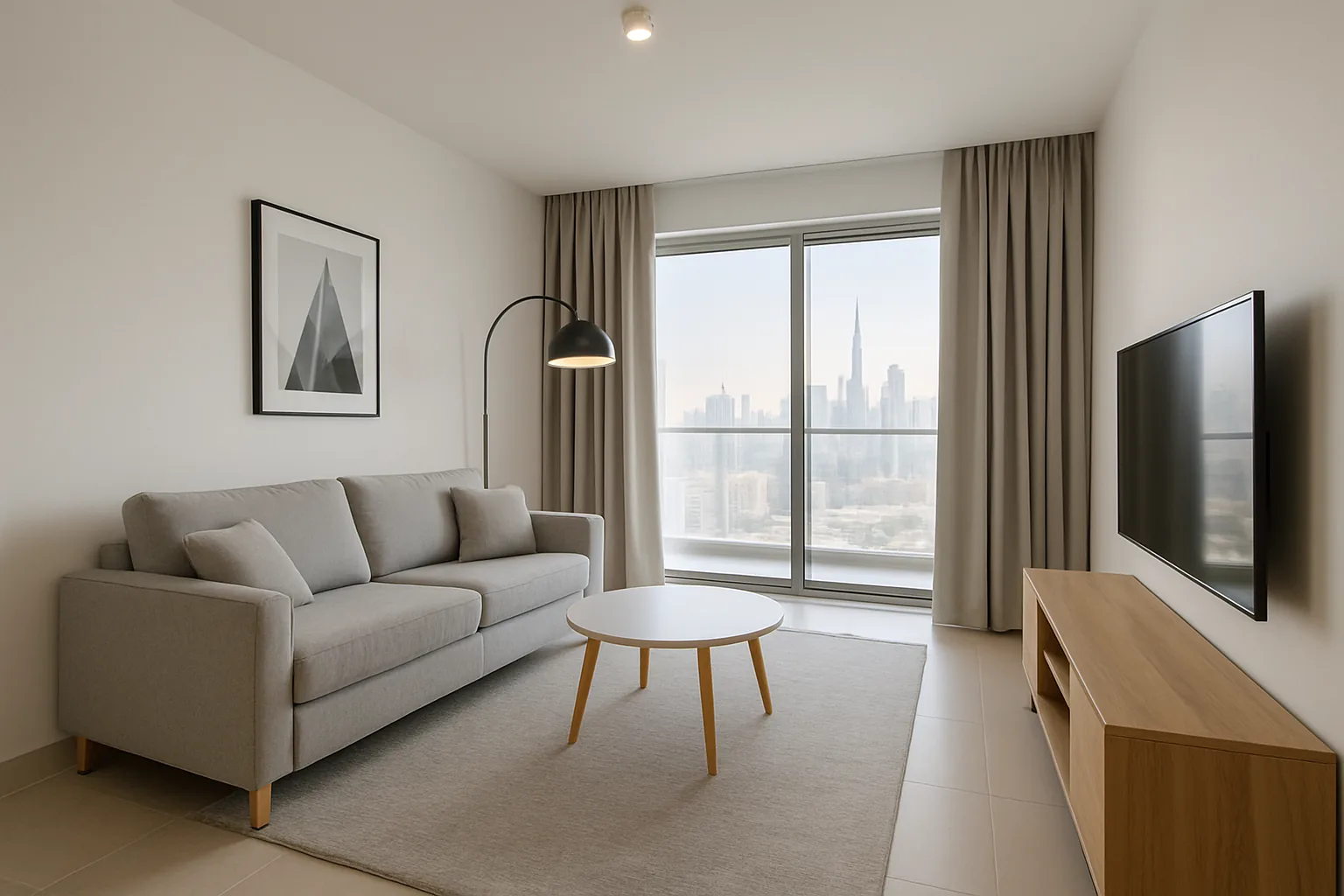 Standard stock-led Dubai Airbnb furniture package — light grey sofa, oak coffee table, neutral rug, simple wall art