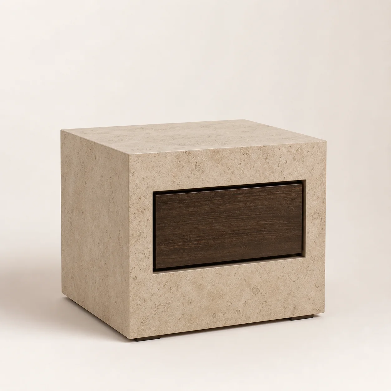 Nura Stone Nightstand studio concept visual in warm limestone, dark oak, aged bronze
