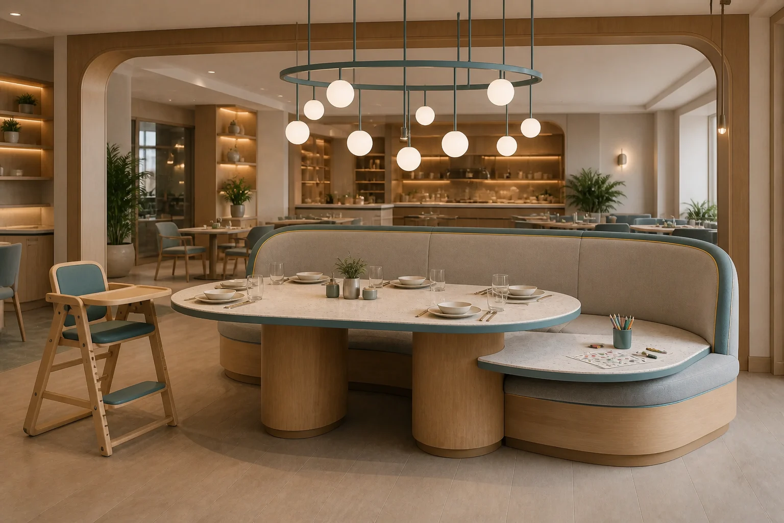 Luxury family resort restaurant with rounded tables, integrated high chairs and spacious banquette seating