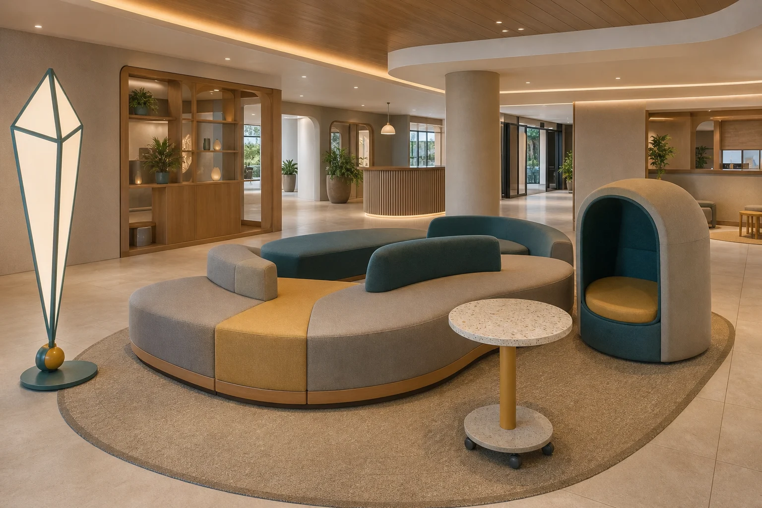 Refined family resort lobby with modular play sofa, acoustic nook and mobile rounded tables