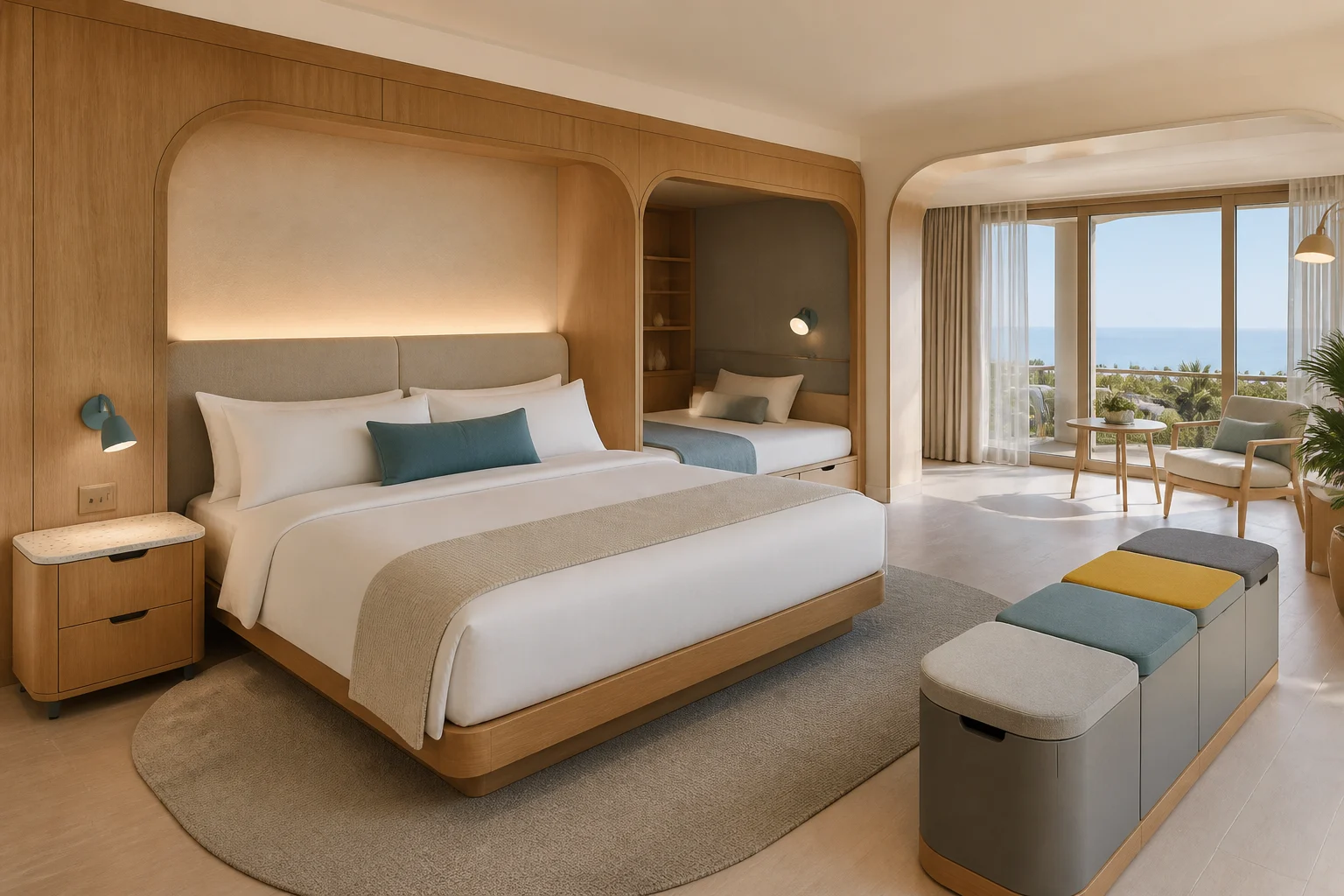 Upscale family hotel room with integrated parent bed, children sleep nook and rounded oak furniture