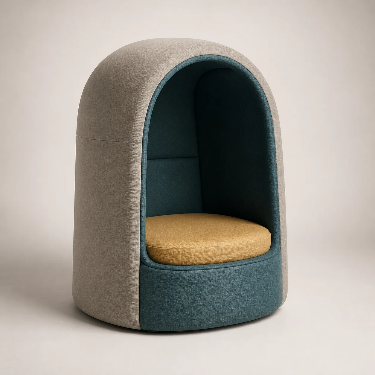 Burrow Acoustic Chair studio concept visual in deep teal felt, warm-grey outer textile