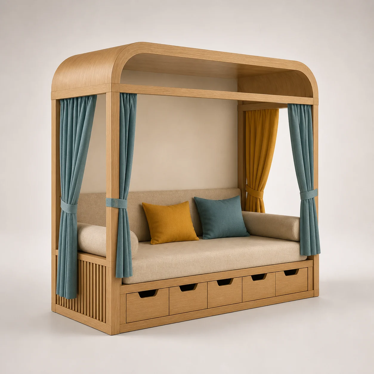 Canopy Play Daybed studio concept visual in natural oak, oatmeal upholstery, teal and ochre curtains
