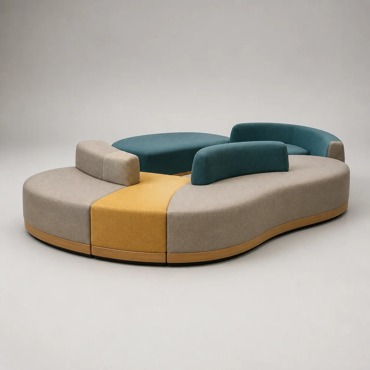 Cloudscape Modular Sofa studio concept visual in warm grey, teal and ochre upholstery, natural-oak base