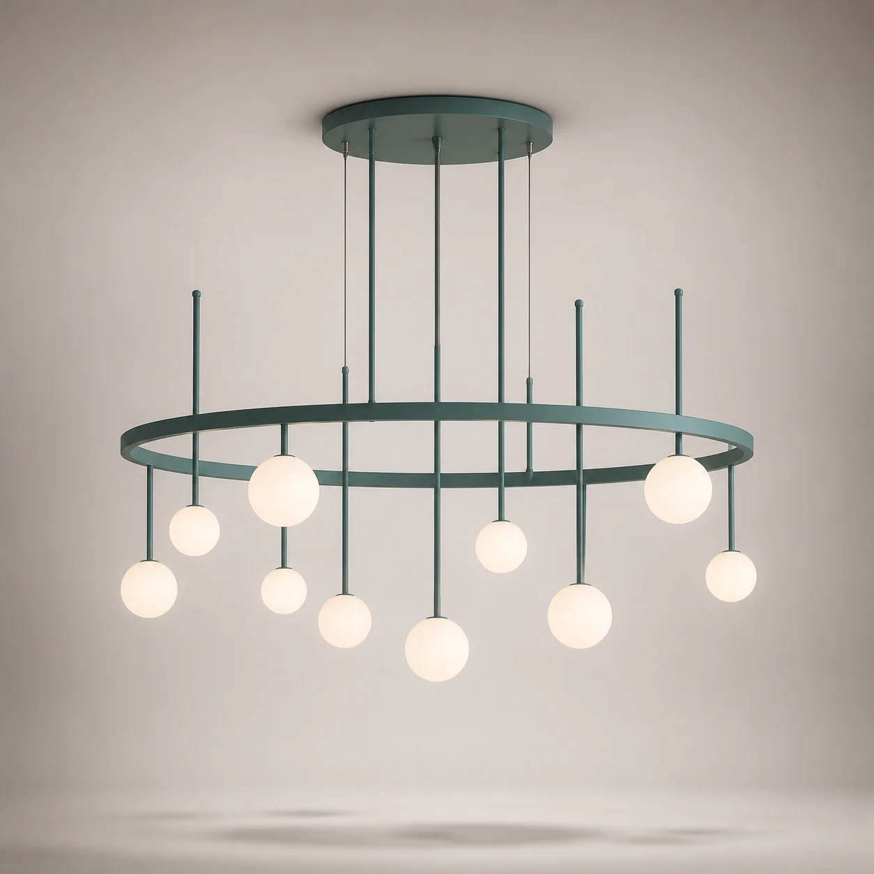 Constellation Pendant studio concept visual in warm opal globes, muted teal frame