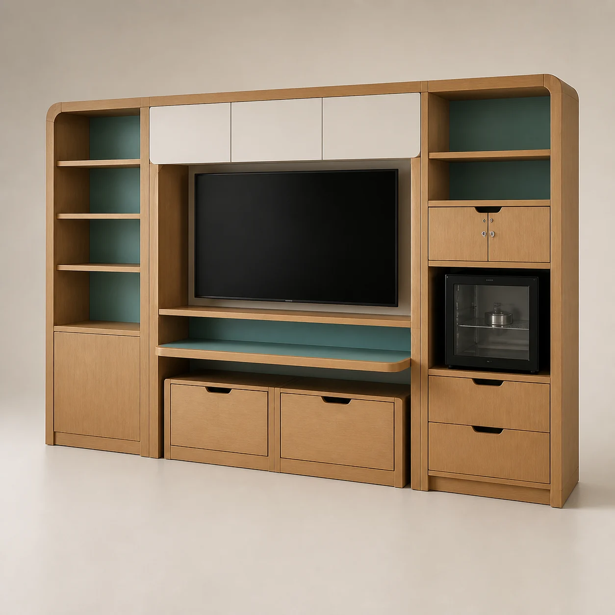 Hideaway Media Storage Wall studio concept visual in natural oak, warm-white lacquer, teal recesses