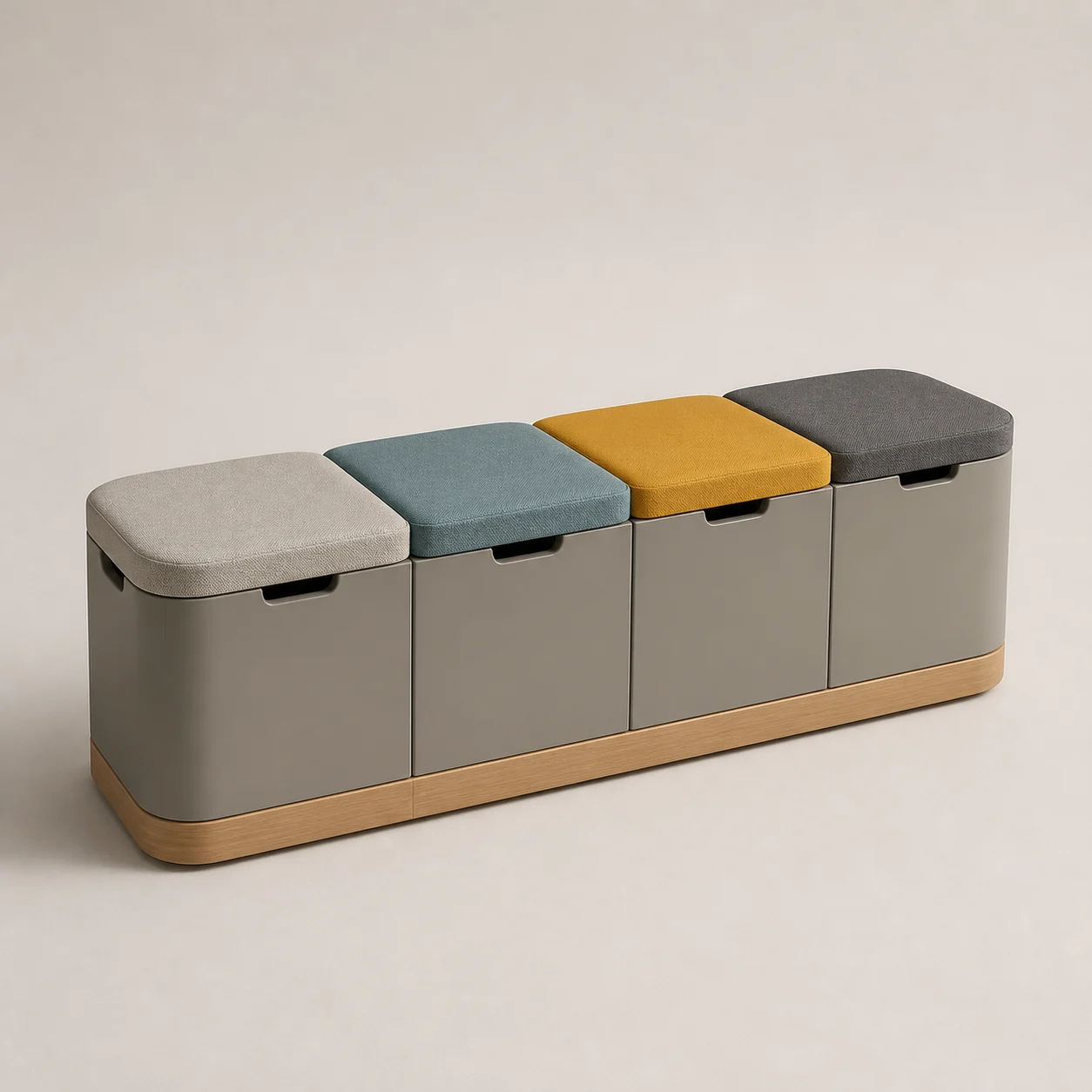 Hopscotch Storage Bench studio concept visual in ochre, teal and warm-grey textile, natural-oak plinth