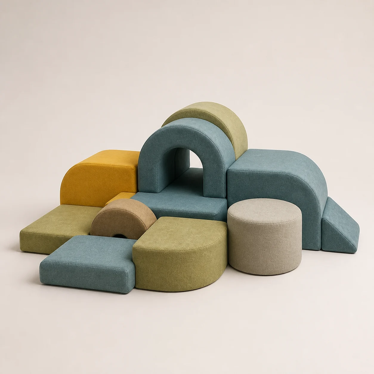 Island Soft Play Set studio concept visual in teal, ochre, moss and warm-grey upholstery