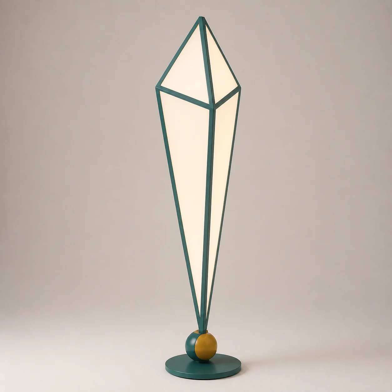 Kite Floor Light studio concept visual in muted teal frame, warm opal, ochre detail
