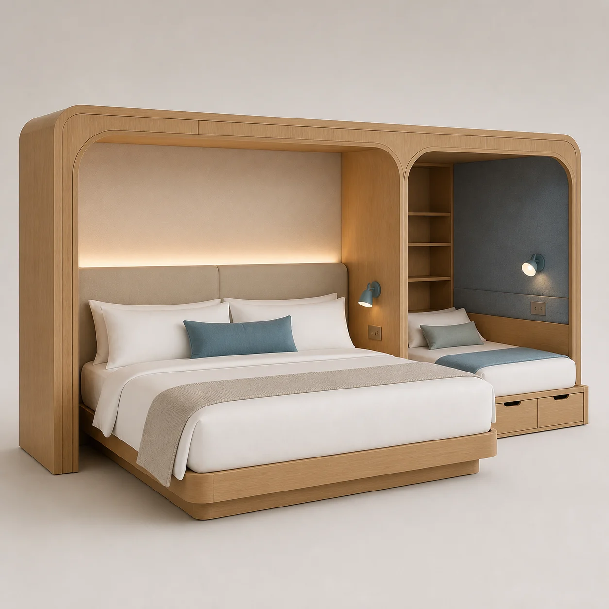 Nest Family Sleep System studio concept visual in natural oak, ocean-blue felt, warm-white upholstery