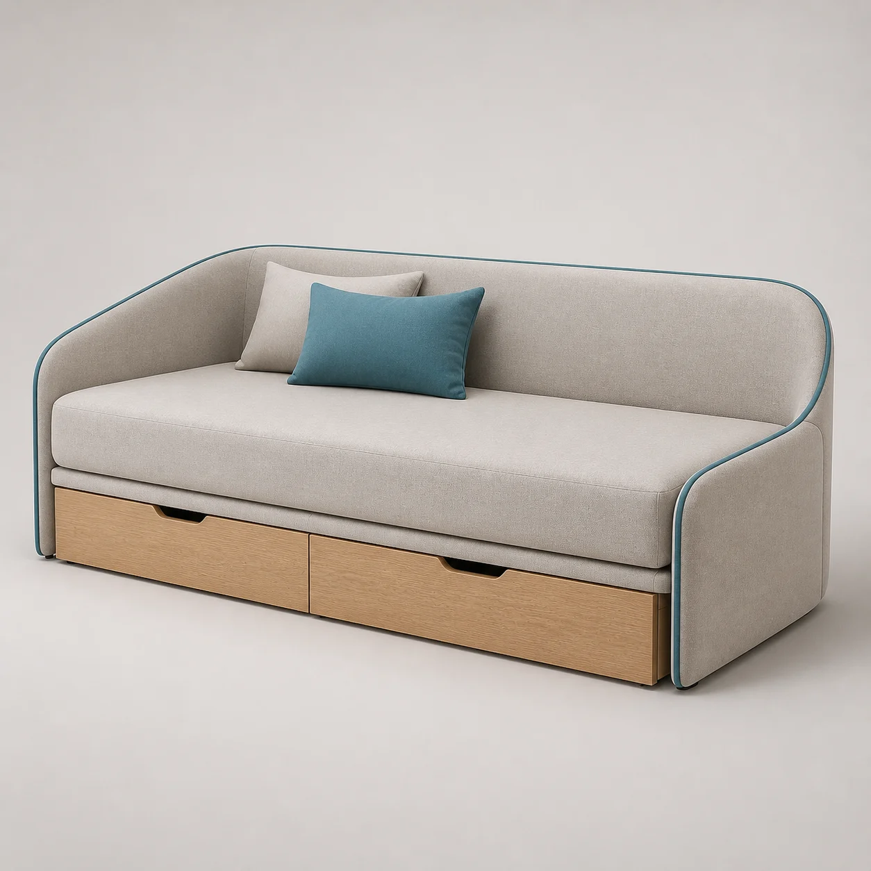 Orbit Trundle Sofa studio concept visual in warm-grey textile, teal piping, natural-oak base