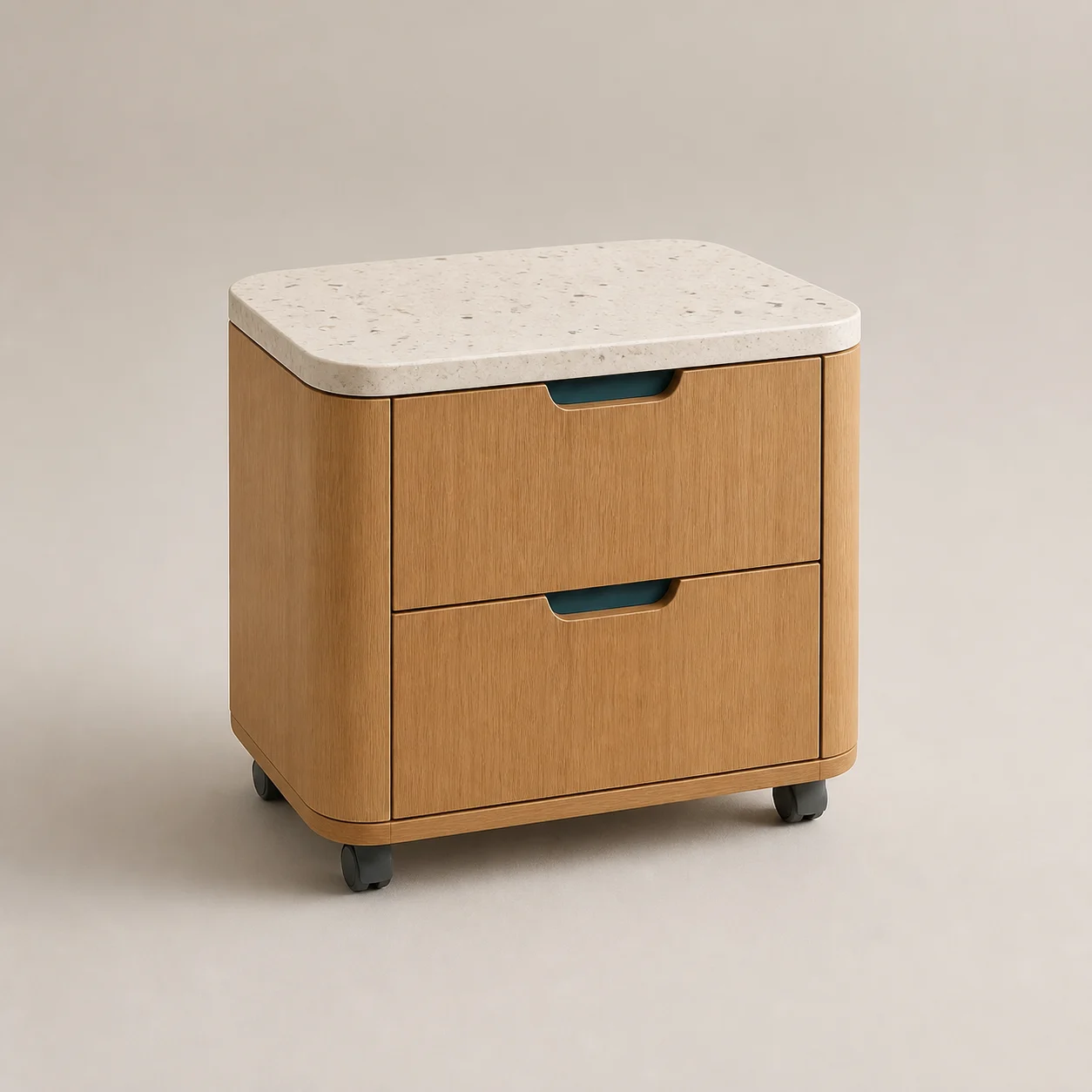 Pebble Bedside Cube studio concept visual in natural oak, speckled terrazzo, teal pull