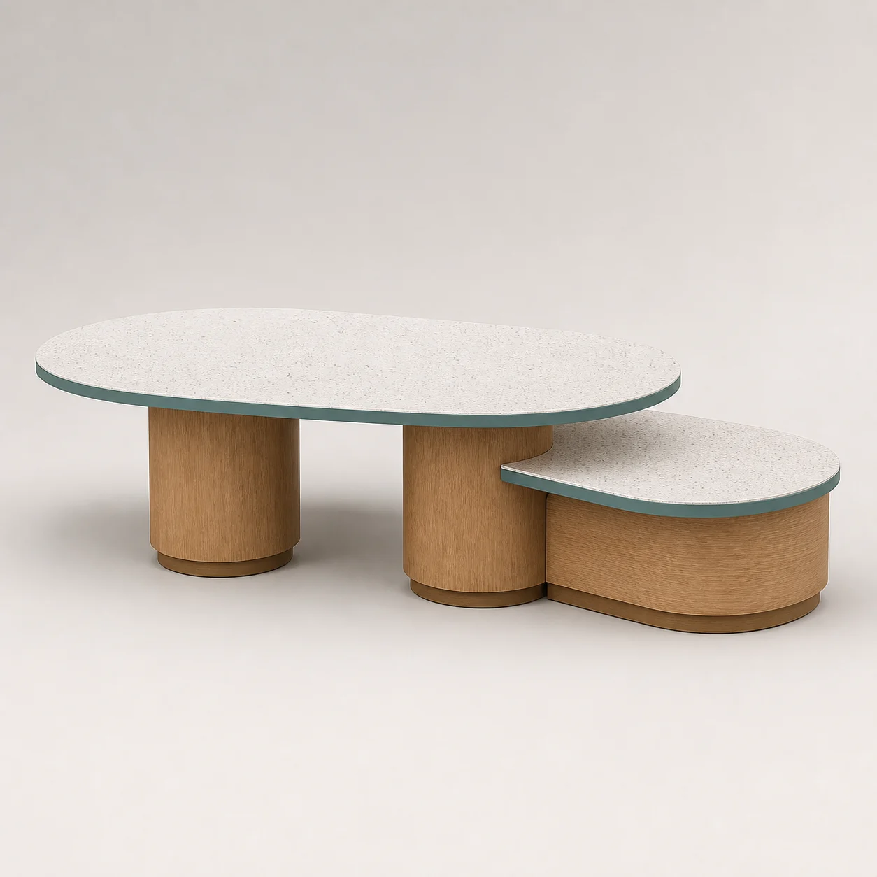 Picnic Family Table studio concept visual in natural oak, speckled terrazzo, teal edge detail
