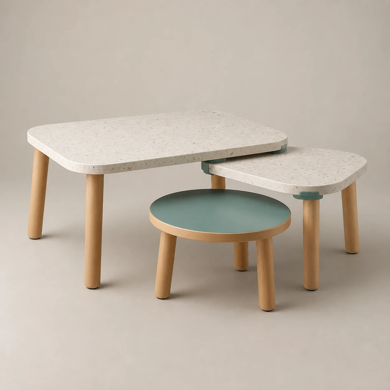 Puzzle Activity Table studio concept visual in natural oak, speckled terrazzo, muted colour accents