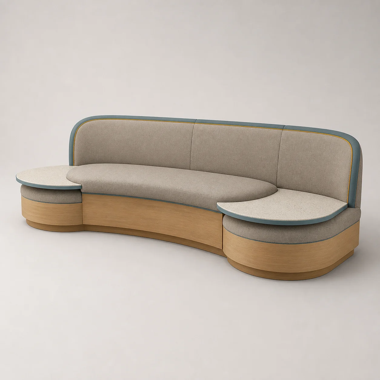 Ribbon Family Banquette studio concept visual in warm-grey upholstery, teal and ochre piping, natural-oak plinth