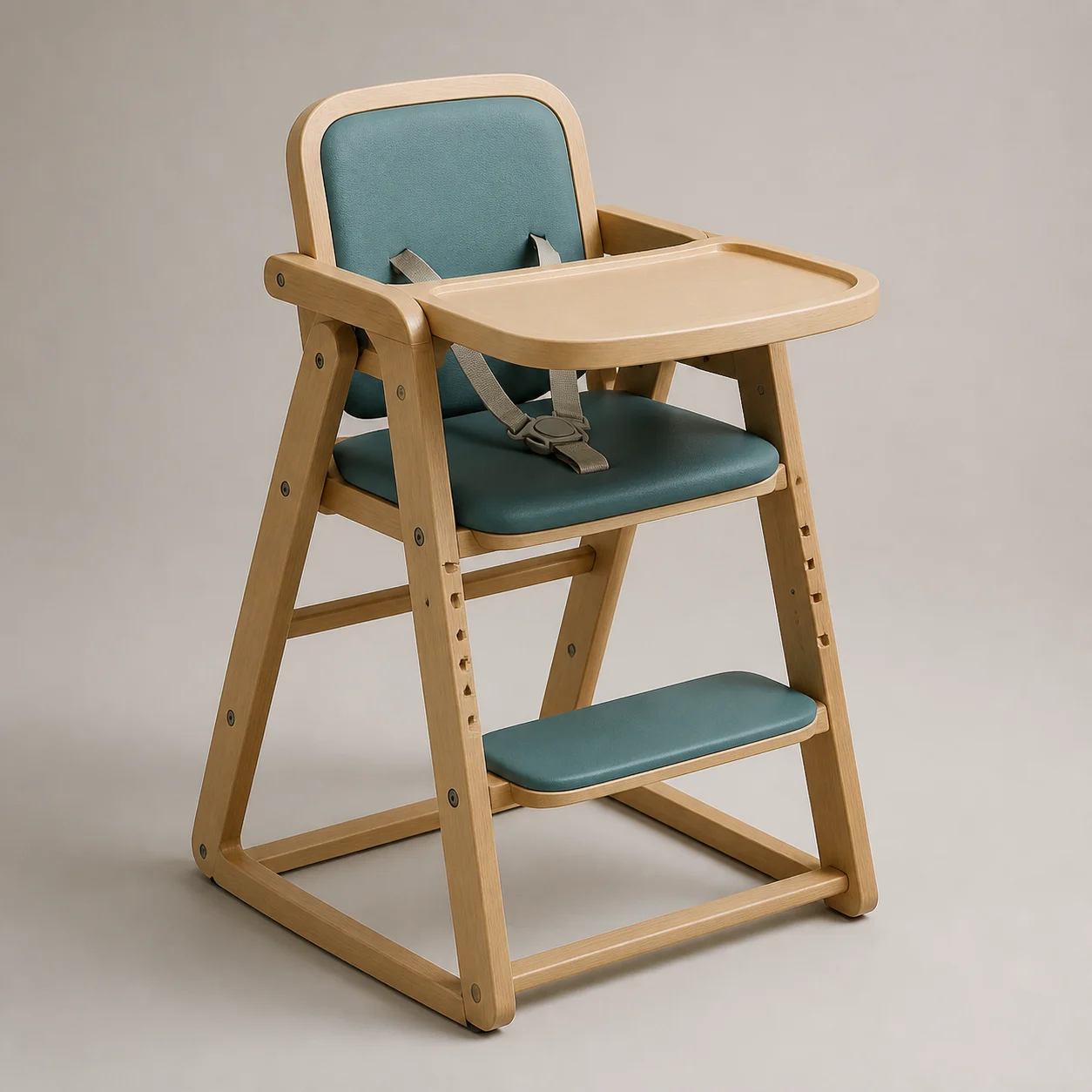 Sprout High Chair studio concept visual in natural oak, muted teal seat