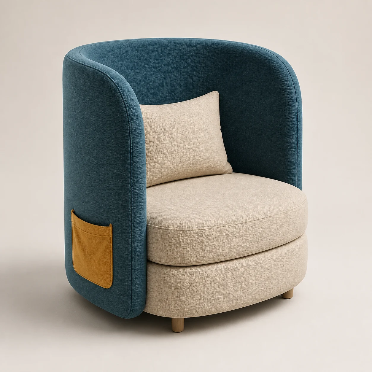Story Nook Chair studio concept visual in ocean-blue felt, oatmeal seat, ochre pocket