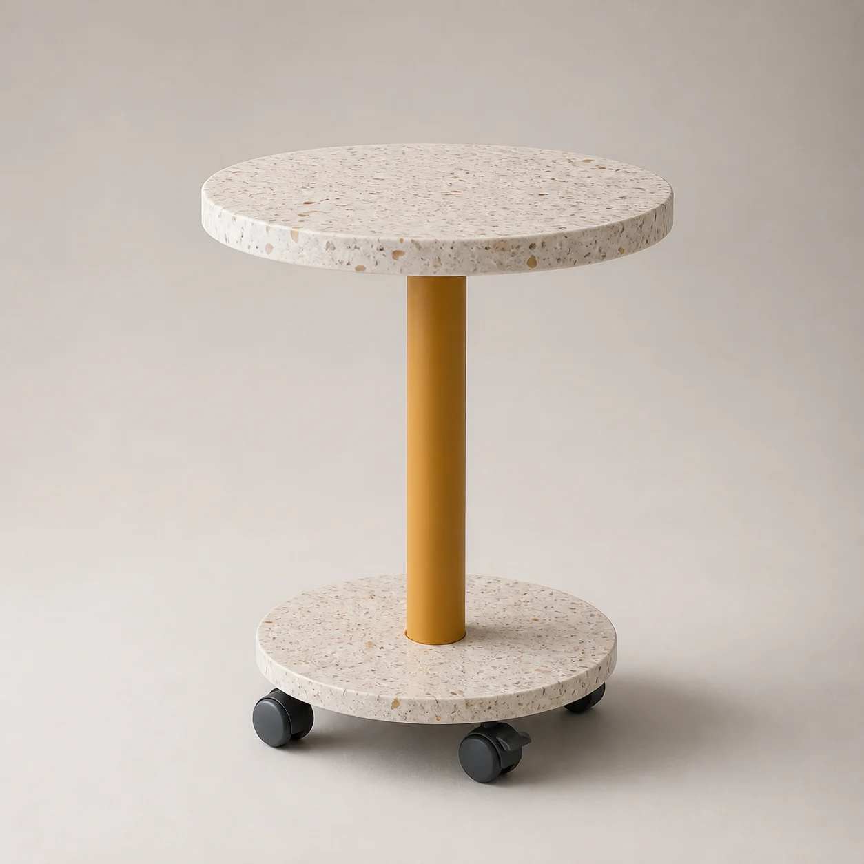 Token Mobile Side Table studio concept visual in speckled terrazzo, muted ochre stem