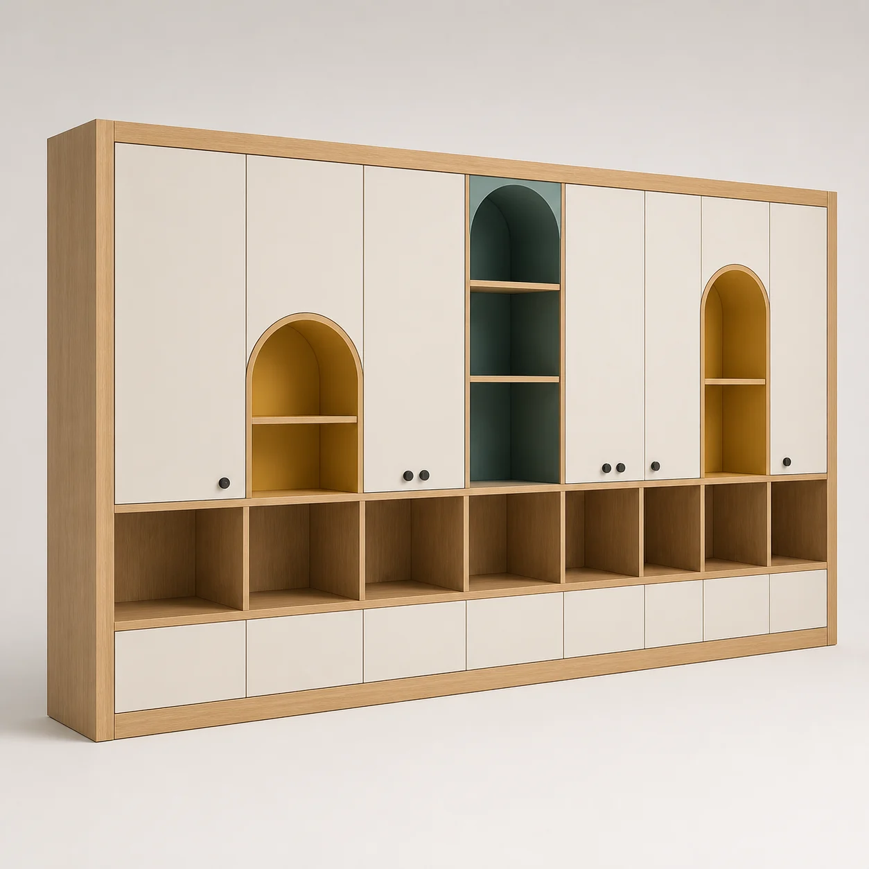 Treasure Locker Wall studio concept visual in natural oak, warm-white lacquer, colour-coded niches