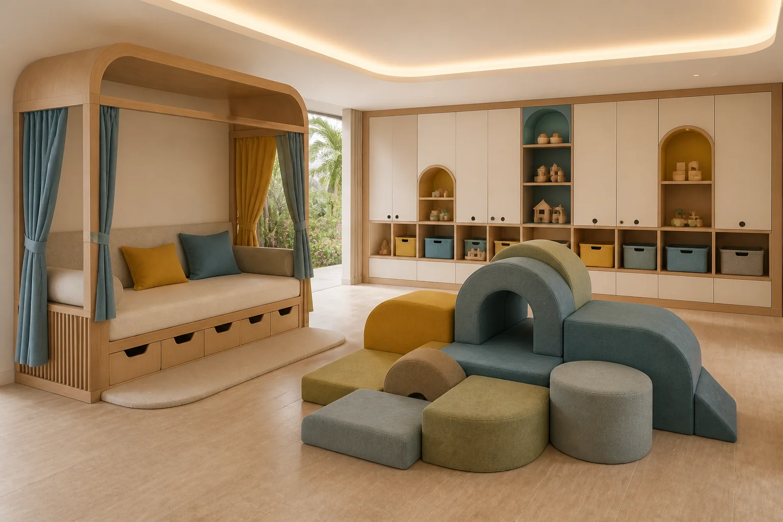 Premium hotel kids club with canopy play daybed, modular soft play islands and organized storage wall