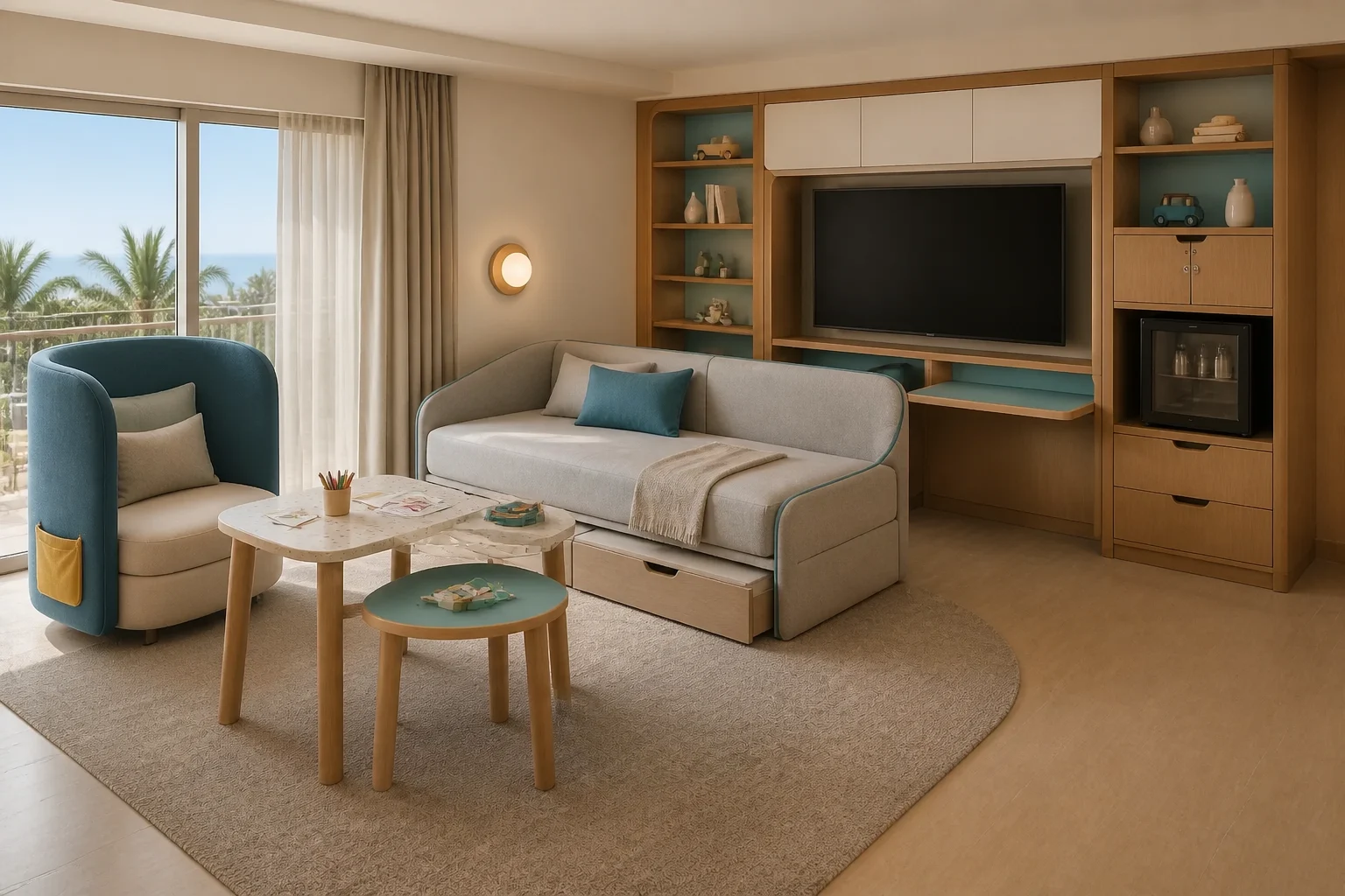 Family resort suite with trundle sofa, story chair, activity table and lockable media storage