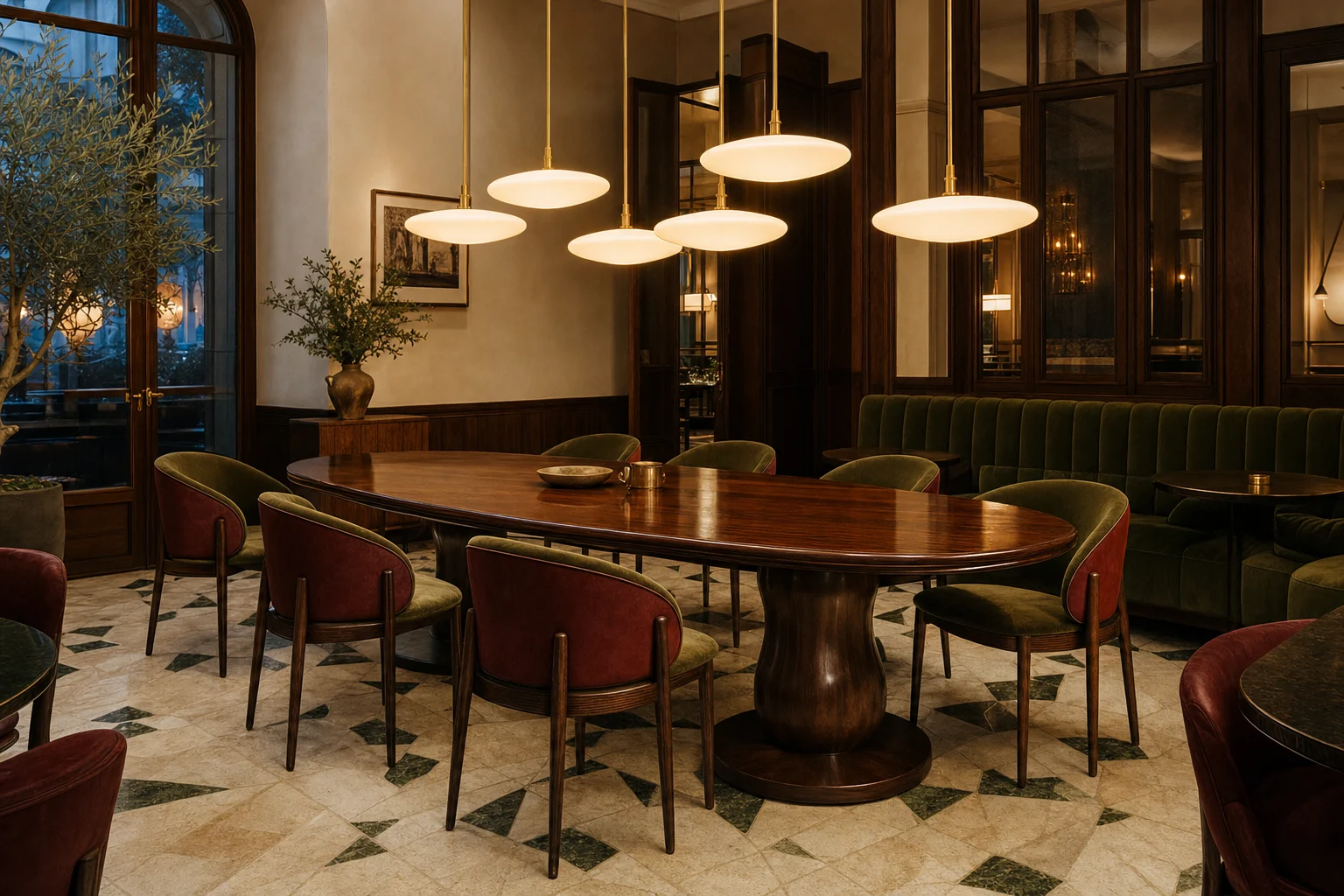 Vintage modern hotel restaurant with walnut table, green banquette and opaline pendants