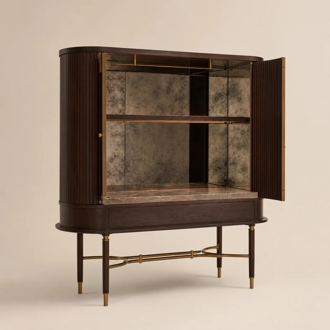 Como Bar Cabinet studio concept visual in dark walnut, smoked mirror, aged brass