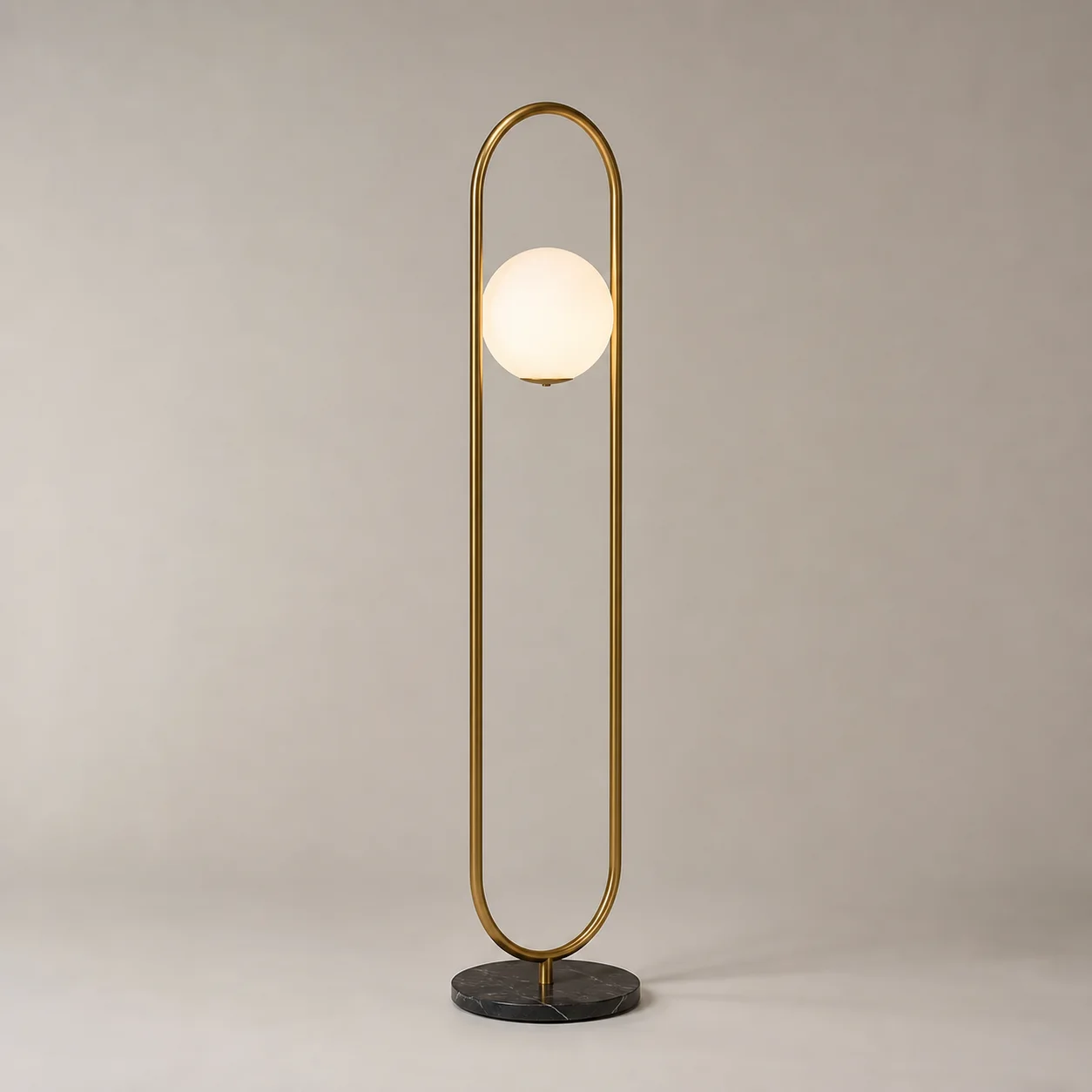 Laguna Halo Floor Lamp studio concept visual in opaline white, champagne brass, dark stone