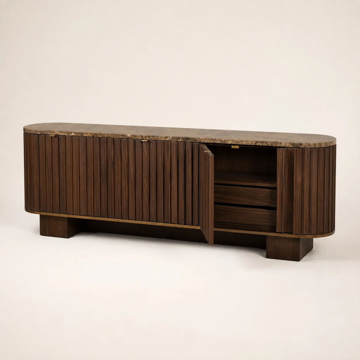 Orsay Tambour Console studio concept visual in dark walnut, brown stone, aged brass