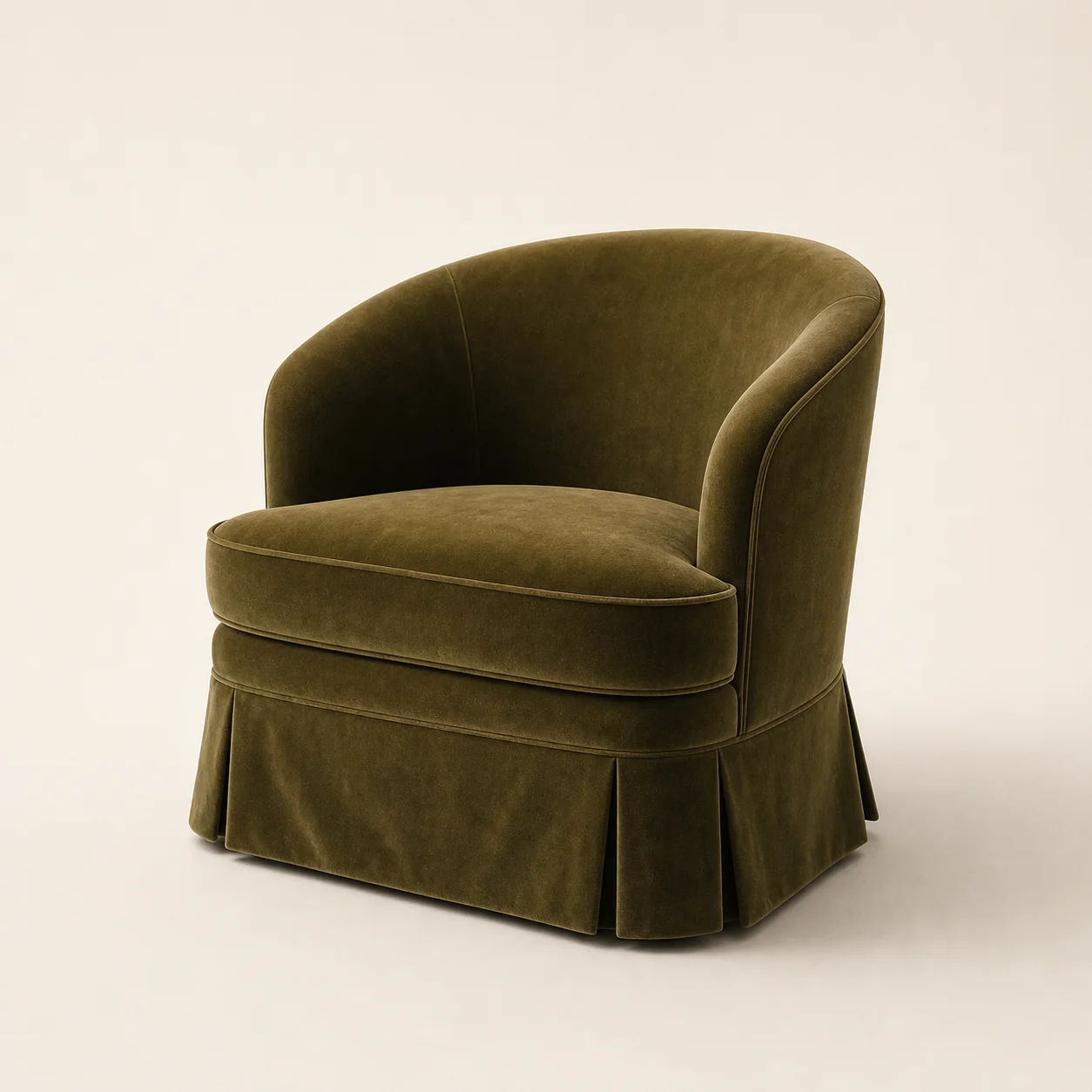 Roma Skirted Club Chair studio concept visual in deep olive velvet, tonal piping