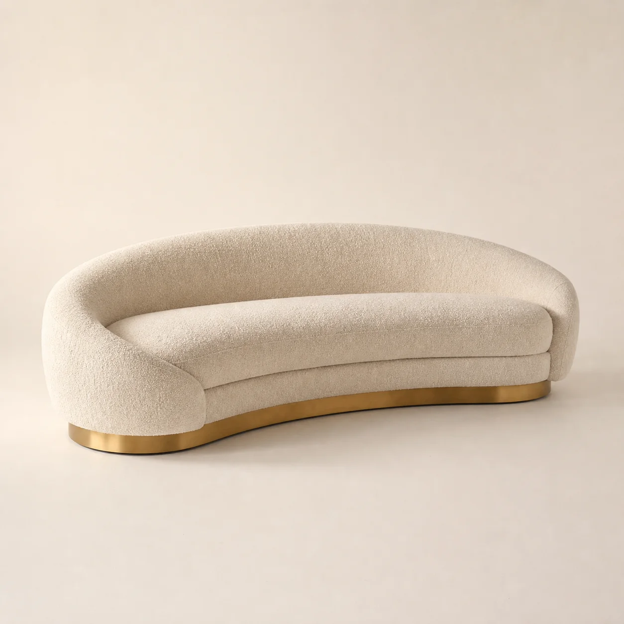 Savoy Conversation Sofa studio concept visual in cream bouclé, satin brass