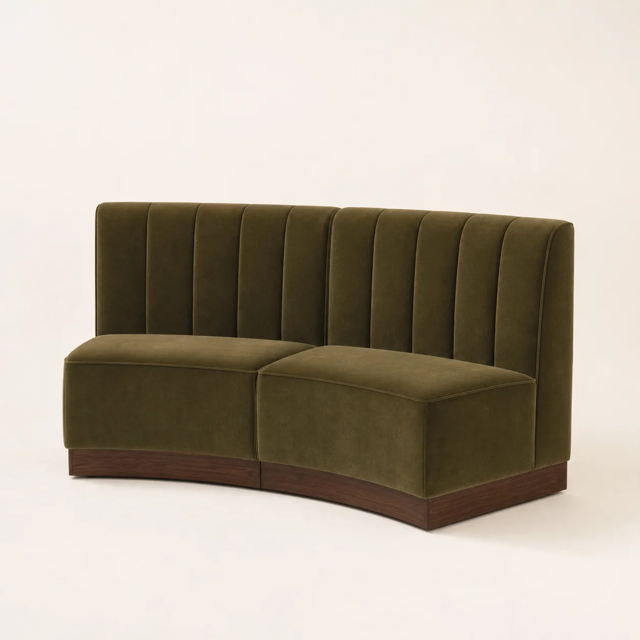 Torino Crescent Banquette studio concept visual in deep olive velvet, walnut plinth