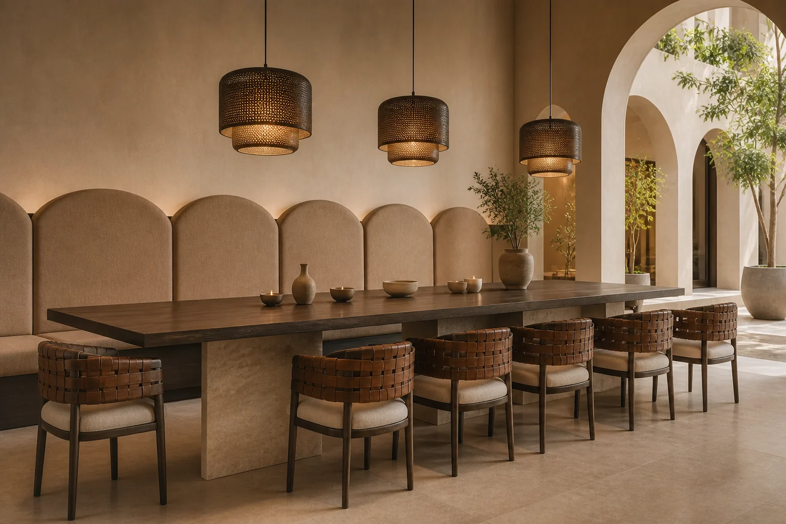 Arabian courtyard hotel restaurant with oak communal table, woven chairs and bronze pendant lighting