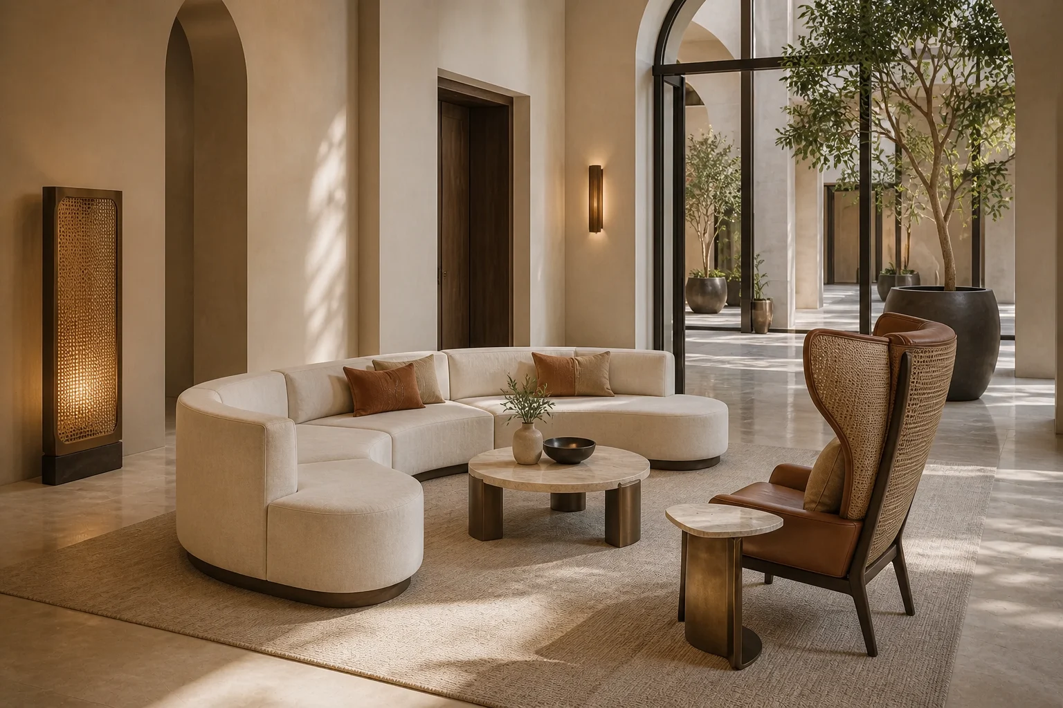 Contemporary majlis hotel lobby with sculptural sofa, wing chairs and bronze screen lighting