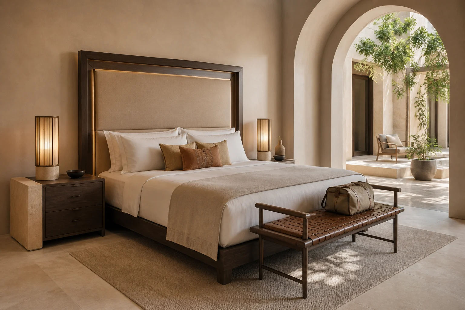 Contemporary Arabian hotel guest room with framed bed, smoked oak, woven textile and warm limestone