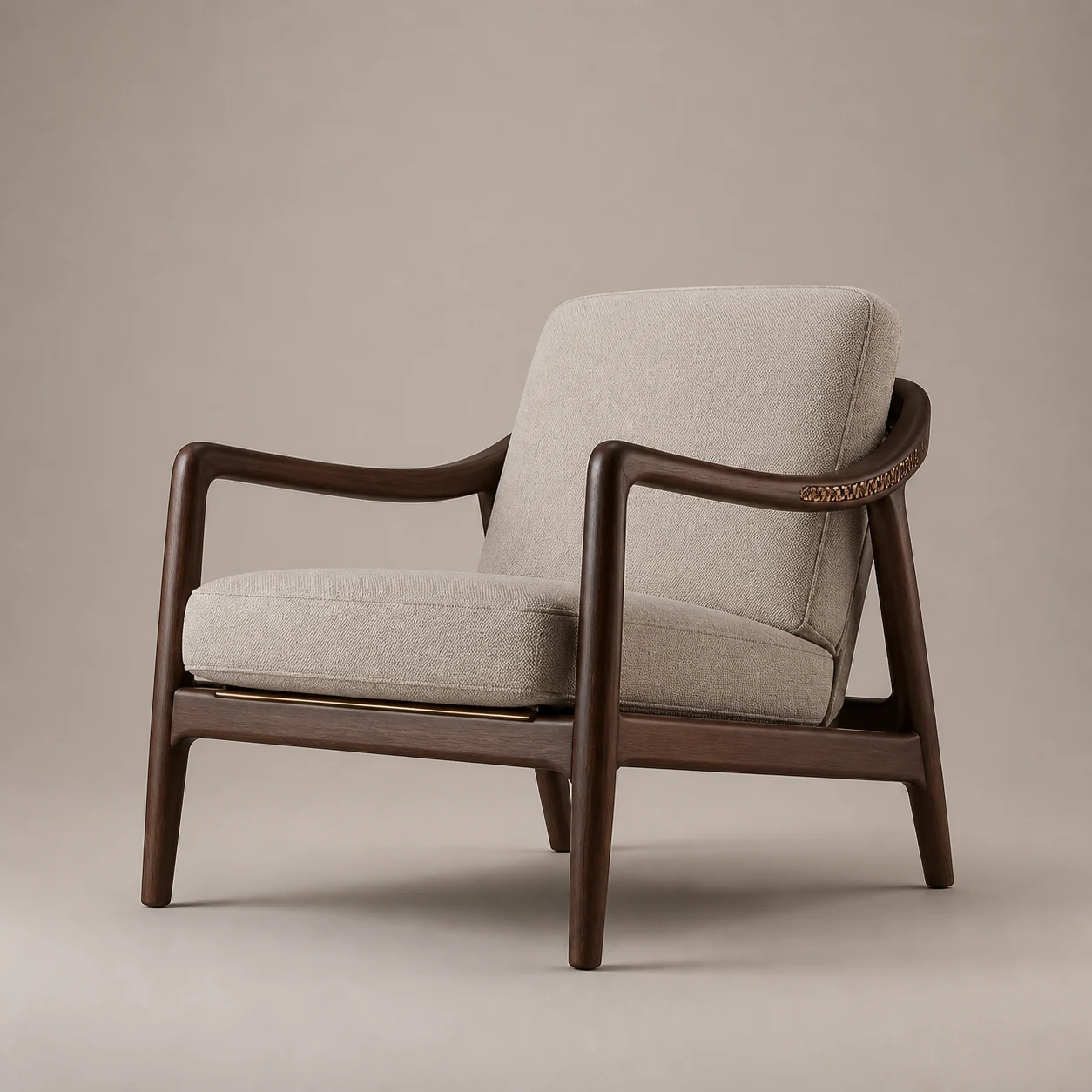 Athar Inlay Lounge Chair studio concept visual in dark oak, clay textile, aged-bronze line