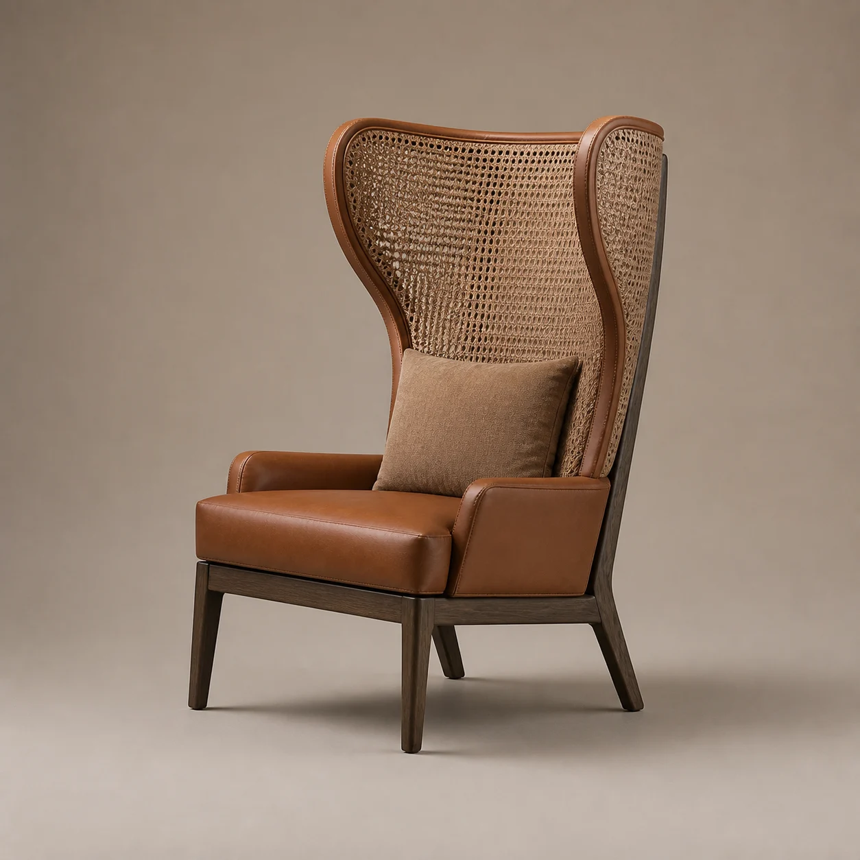 Barjeel Wing Chair studio concept visual in clay weave, smoked oak, saddle detail