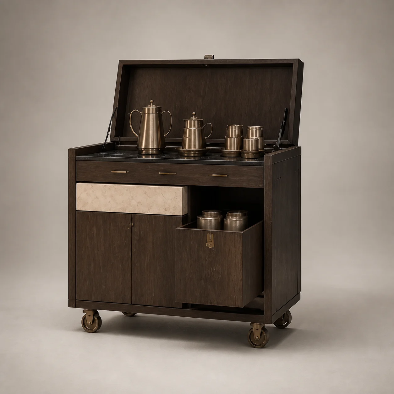 Dallah Service Cabinet studio concept visual in smoked oak, warm limestone, aged bronze