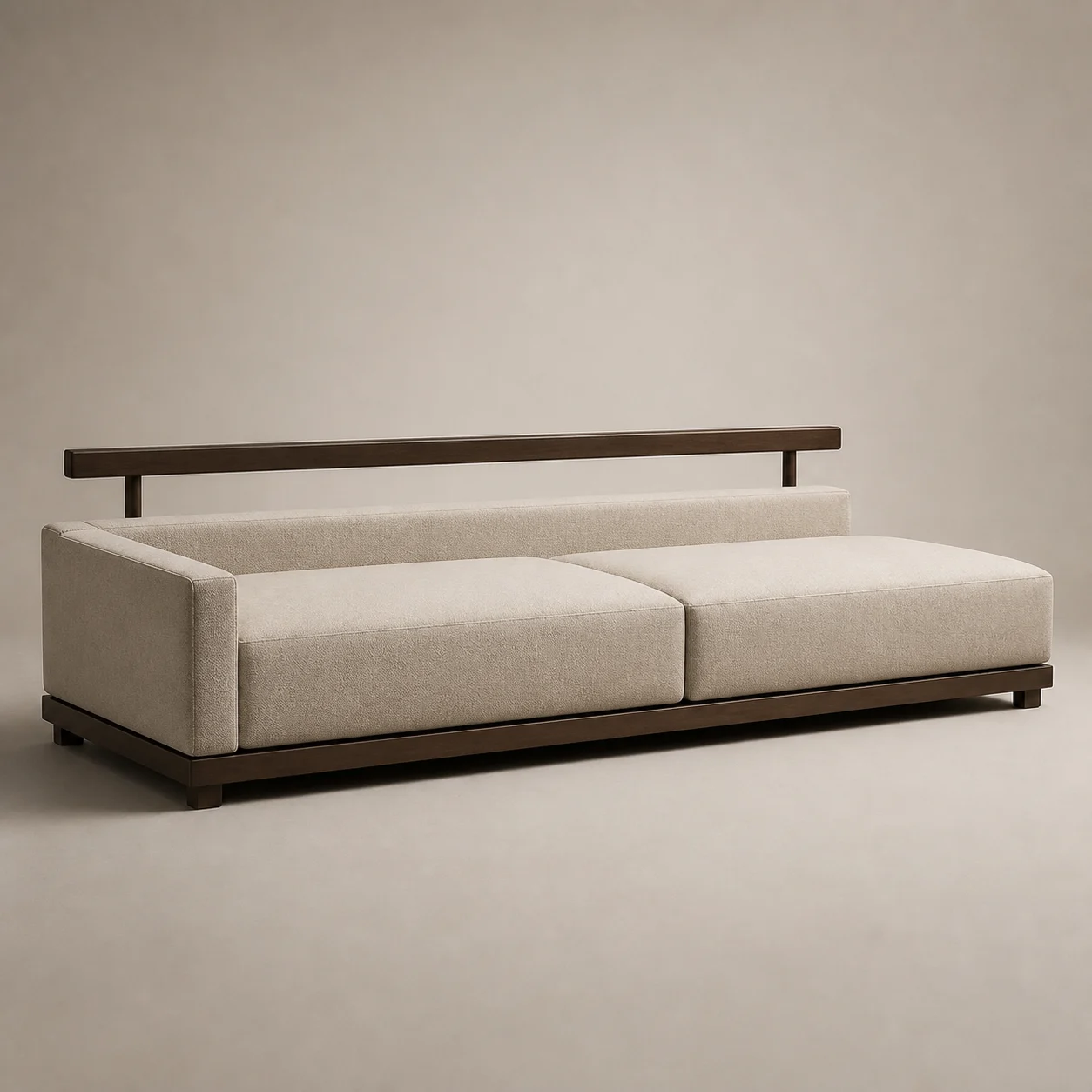 Diwan Modular Sofa studio concept visual in oatmeal weave, smoked-oak rail, bronze shadow base