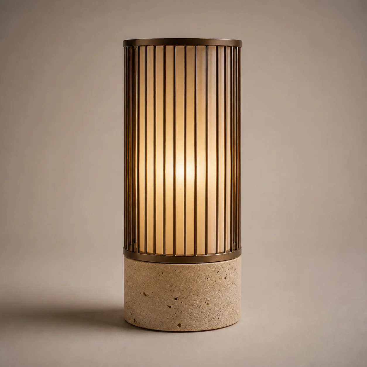 Fanous Ribbed Table Lamp studio concept visual in aged bronze, warm opal, honey stone