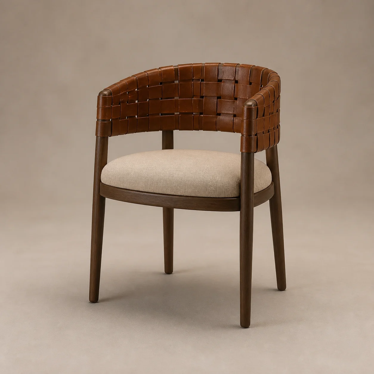Hizam Dining Armchair studio concept visual in dark oak, saddle leather, sand textile