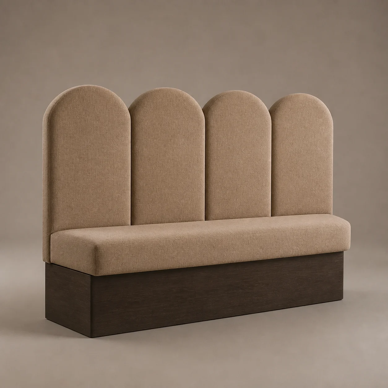 Iwan Arc Banquette studio concept visual in sand and clay upholstery, smoked-oak plinth
