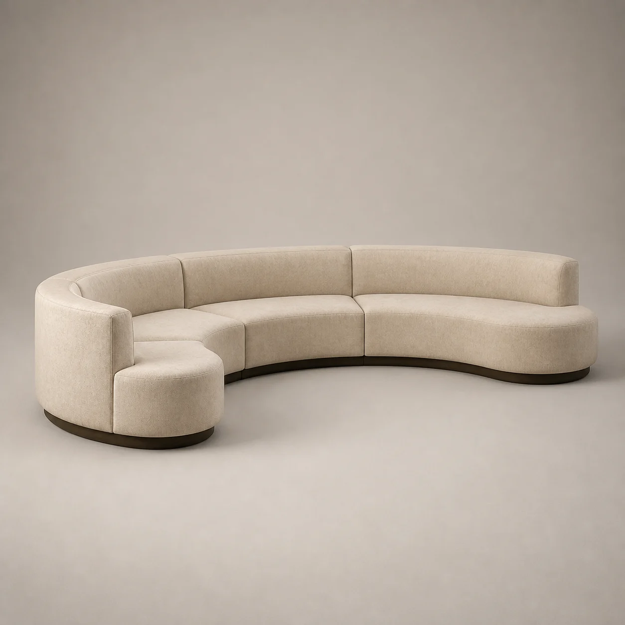 Majlis Conversation Sofa studio concept visual in warm stone textile, saddle piping, bronze shadow plinth