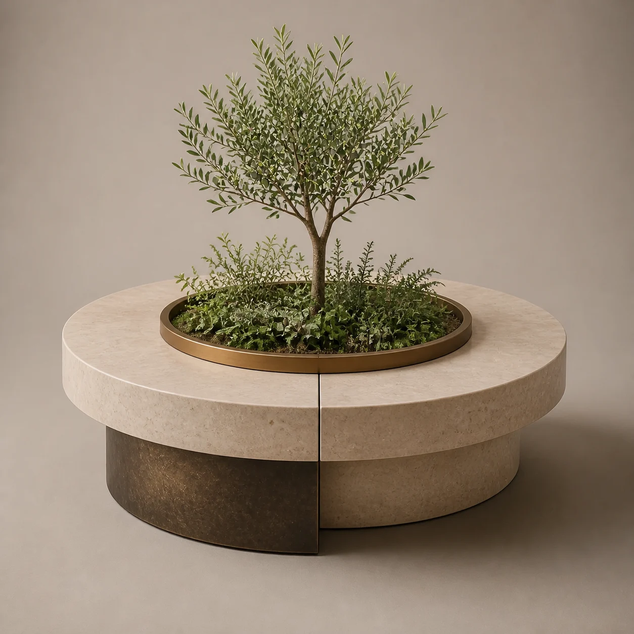 Nakhl Planter Table studio concept visual in warm limestone, dark bronze