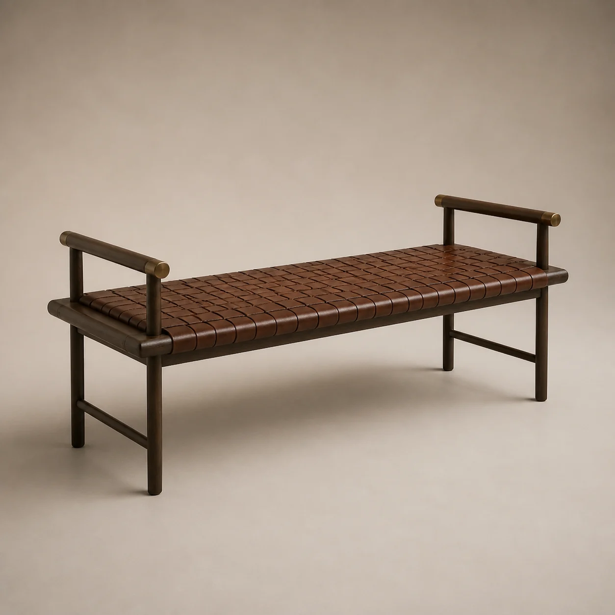 Naseej Valet Bench studio concept visual in smoked oak, saddle leather, bronze end caps