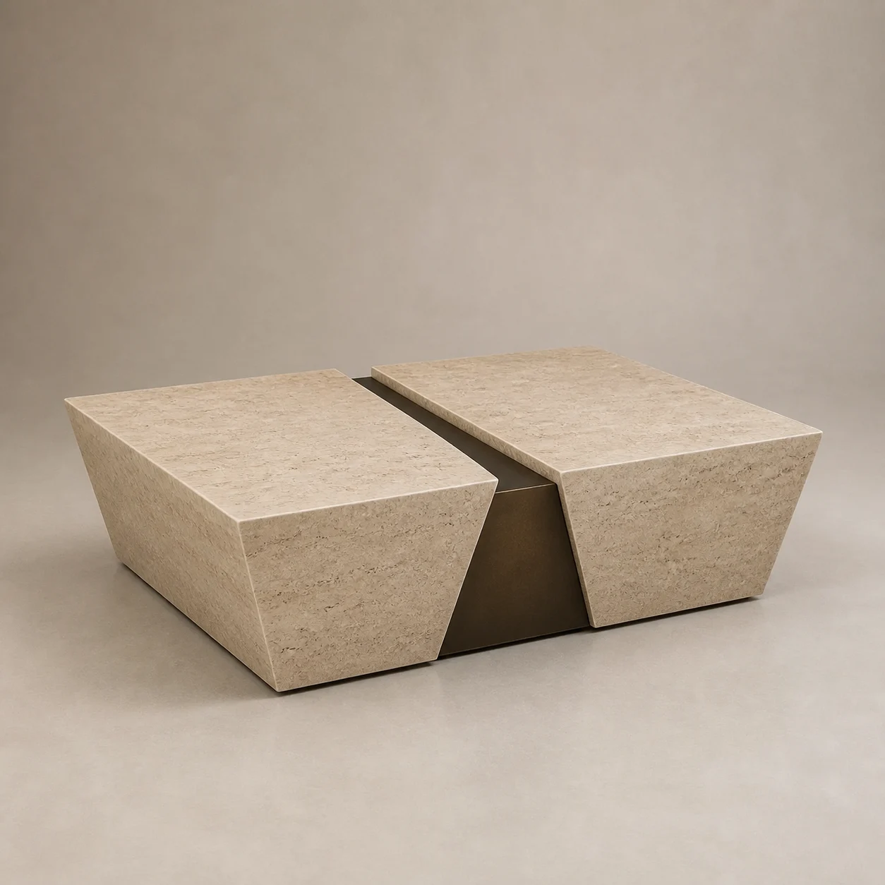 Qantara Travertine Table studio concept visual in warm travertine, recessed bronze bridge