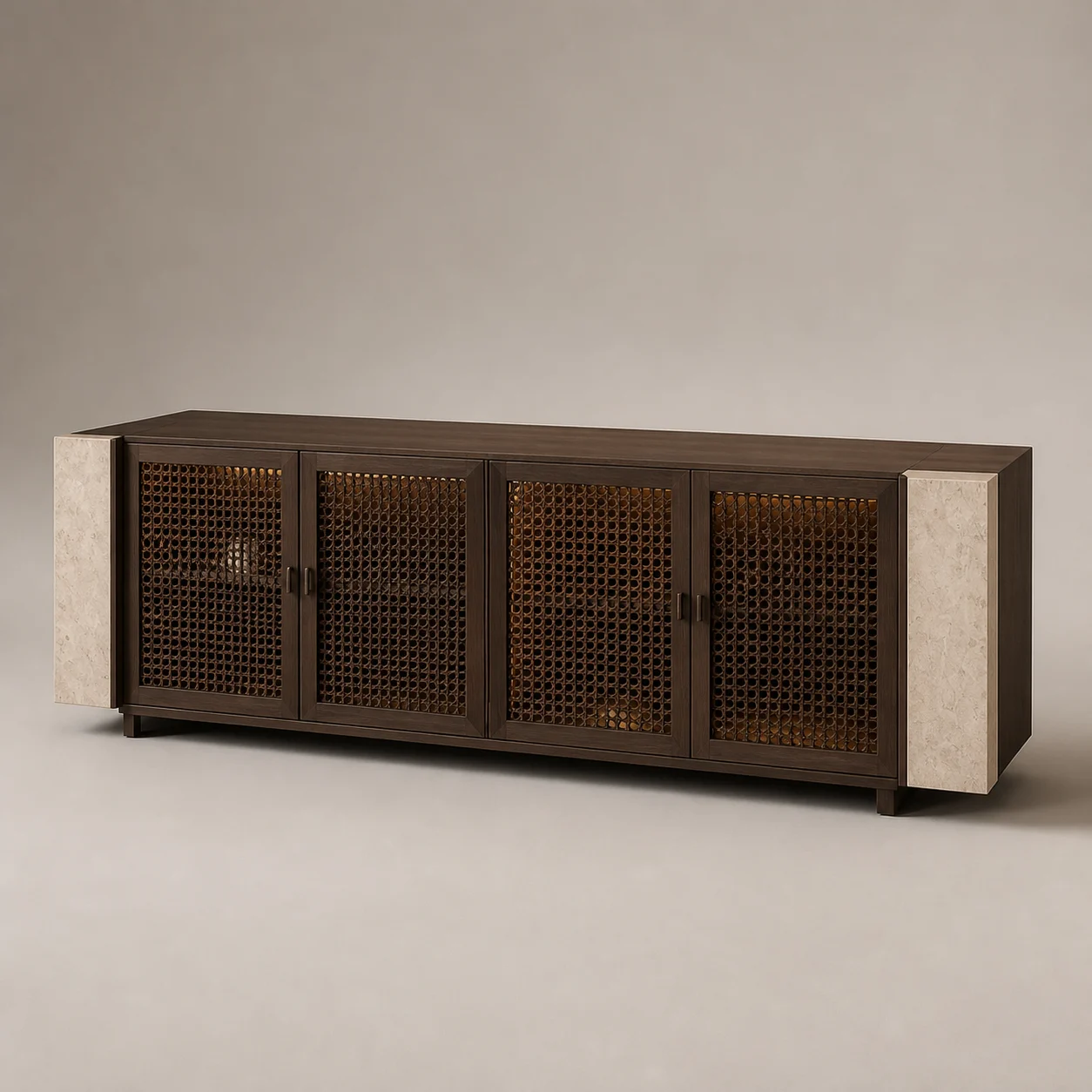 Rawshan Media Console studio concept visual in smoked oak, warm limestone, dark-bronze interior