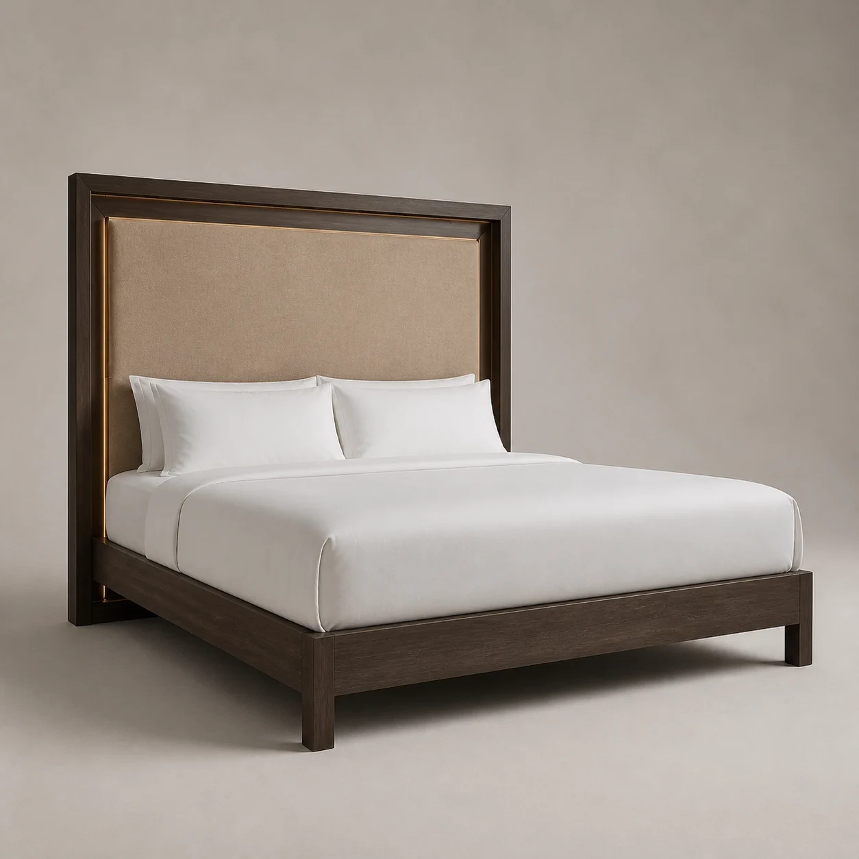 Riwaq Panel Bed studio concept visual in smoked oak, warm sand textile, aged-bronze reveal